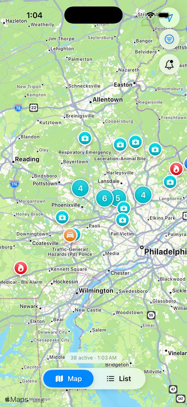 Sirens map of live incidents